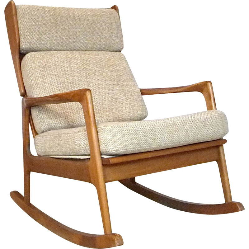 Beige rocking chair in wood and wool - 1960s