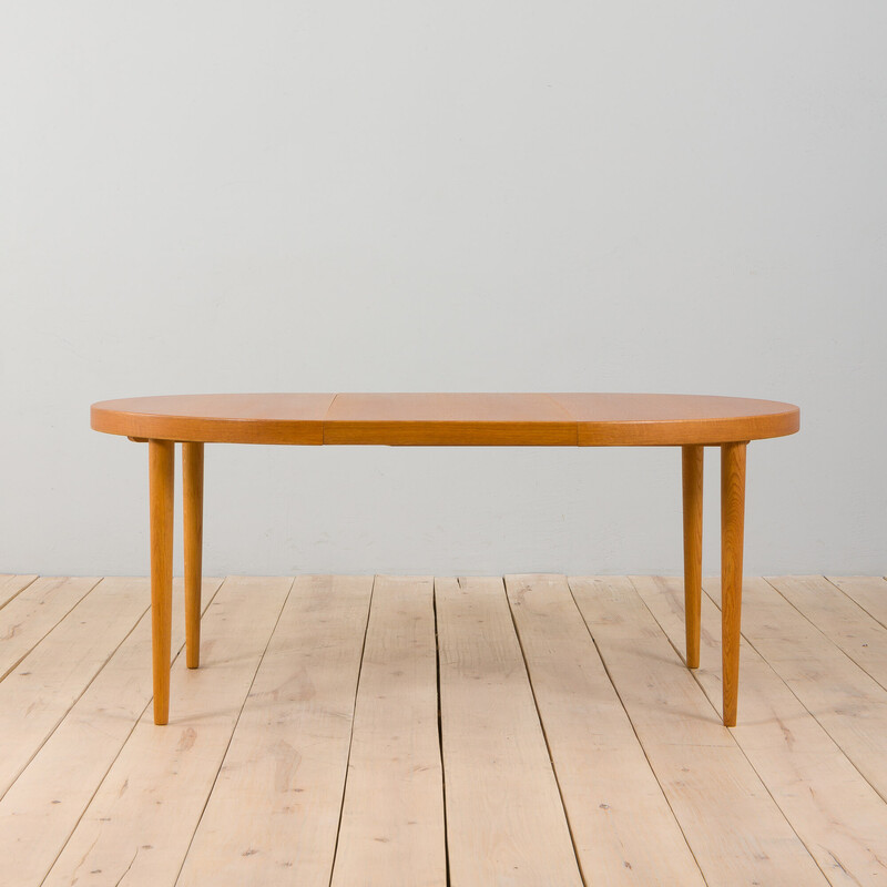 Vintage ronde eikenhouten eettafel met verlengstuk, Denemarken 1960