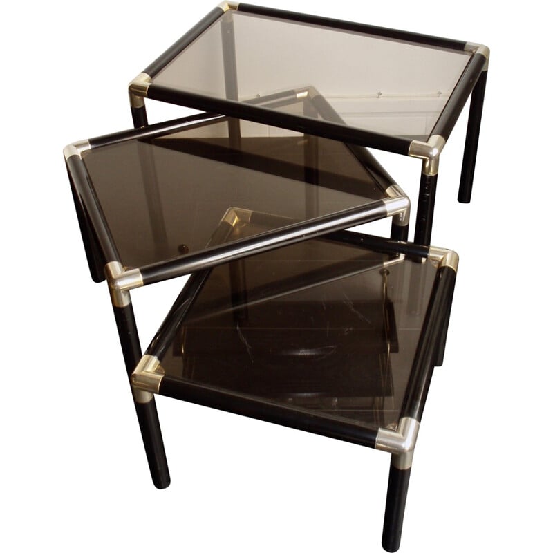 Set of 3 nesting tables in metal and smoked glass - 1970s