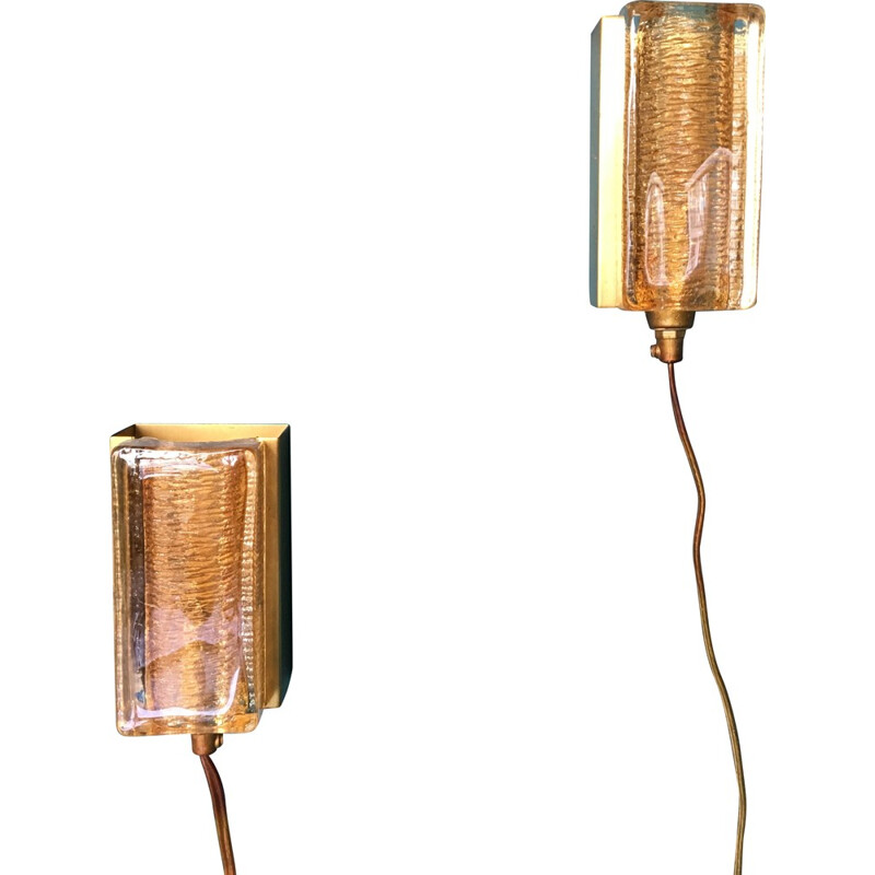 Pair of Vitrika wall lamps in brass and glass - 1970s