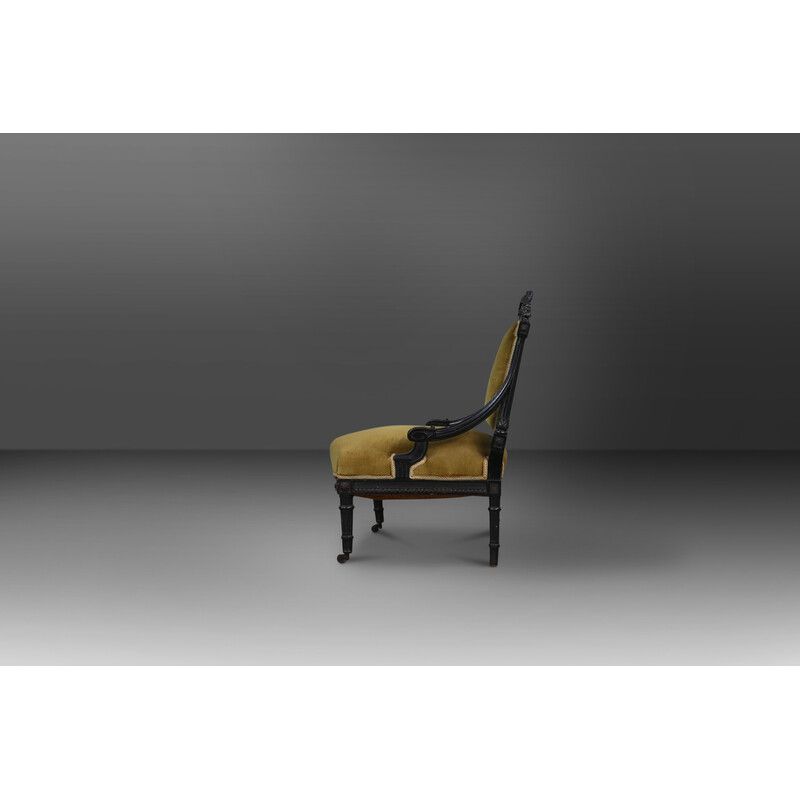 Sillón vintage de madera negra y terciopelo verde-amarillo, 1850