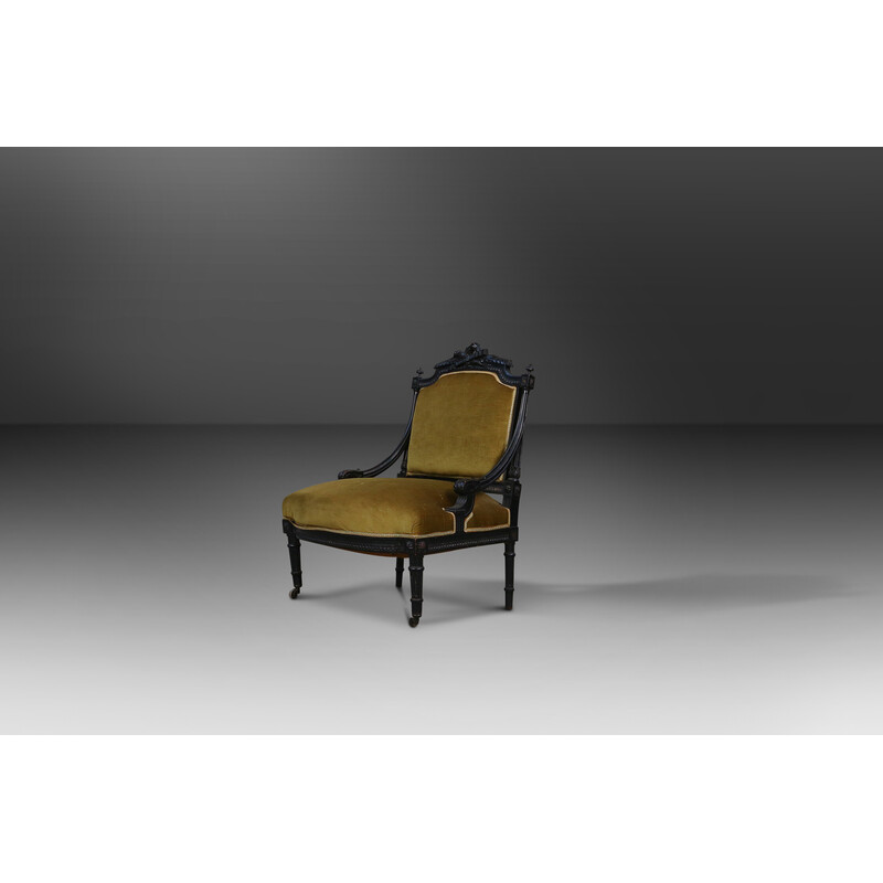 Sillón vintage de madera negra y terciopelo verde-amarillo, 1850