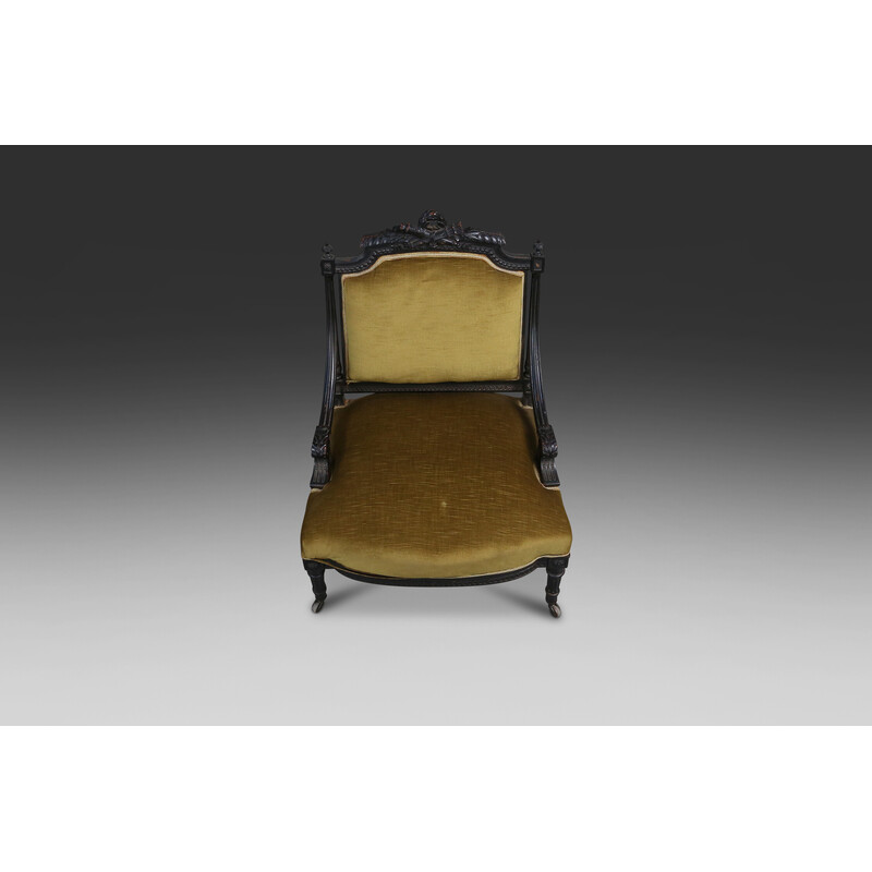 Vintage armchair in black wood and green-yellow velvet, 1850s