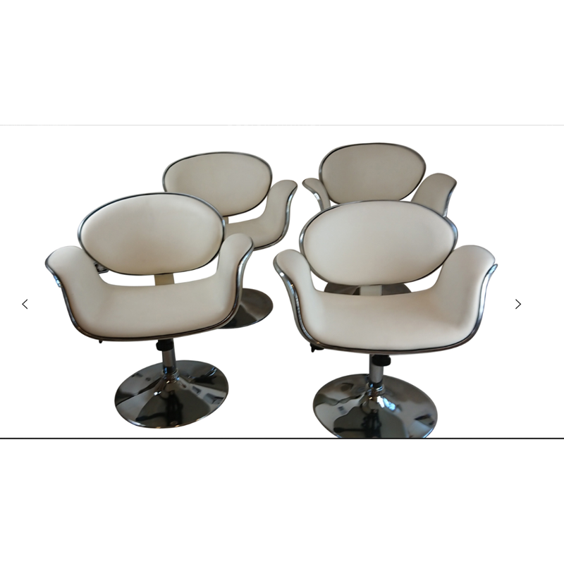 Set of 4 vintage tulip armchairs in ivory leather and chrome