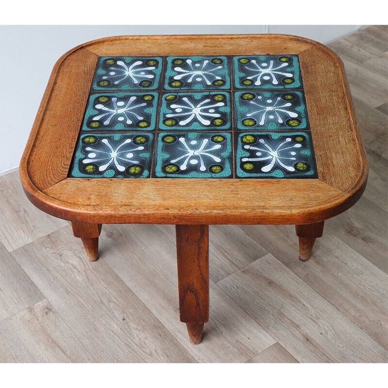 Vintage oakwood and ceramic coffee table by Guillerme and Chambron, 1960s
