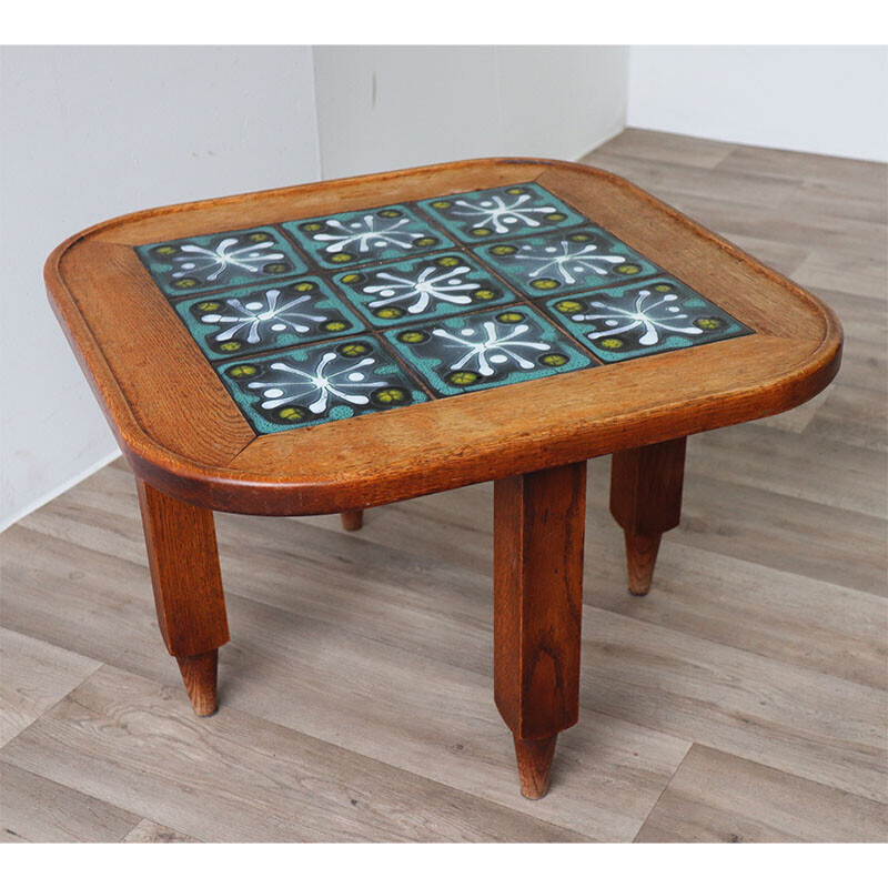Vintage oakwood and ceramic coffee table by Guillerme and Chambron, 1960s