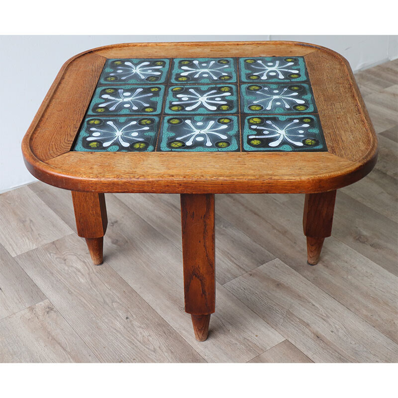 Vintage oakwood and ceramic coffee table by Guillerme and Chambron, 1960s