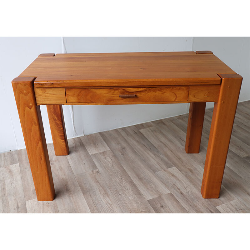 Vintage solid elm and leather desk, 1970s