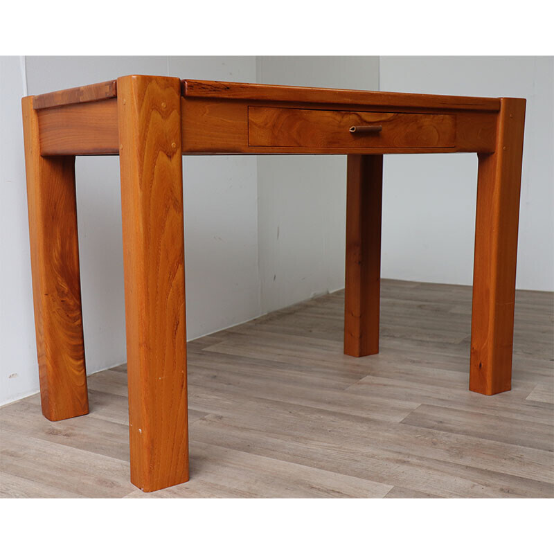 Vintage solid elm and leather desk, 1970s