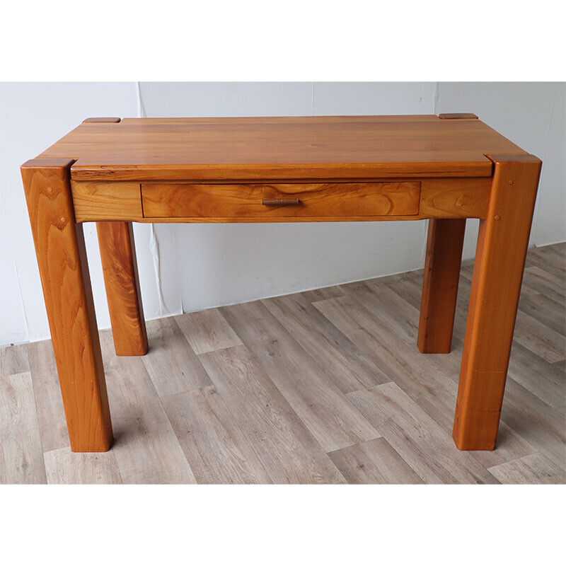 Vintage solid elm and leather desk, 1970s