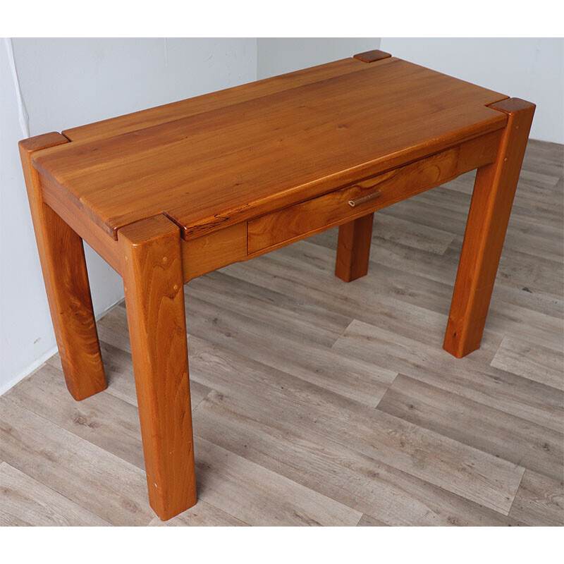 Vintage solid elm and leather desk, 1970s