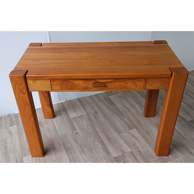 Vintage solid elm and leather desk, 1970s