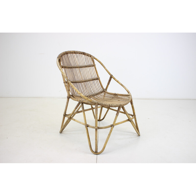 Alan Fuchs vintage rotan lounge stoel door Uluv, Tsjecho-Slowakije 1960