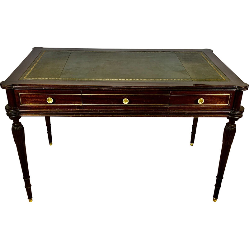 Vintage Art Deco desk in wood veneer, gilt bronze and brass