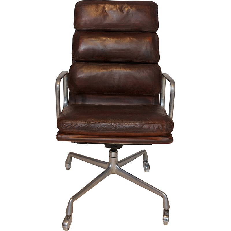 Vintage Softpad Ea 219 desk chair in brown leather and brushed aluminum by Ray & Charles Eames, 1976