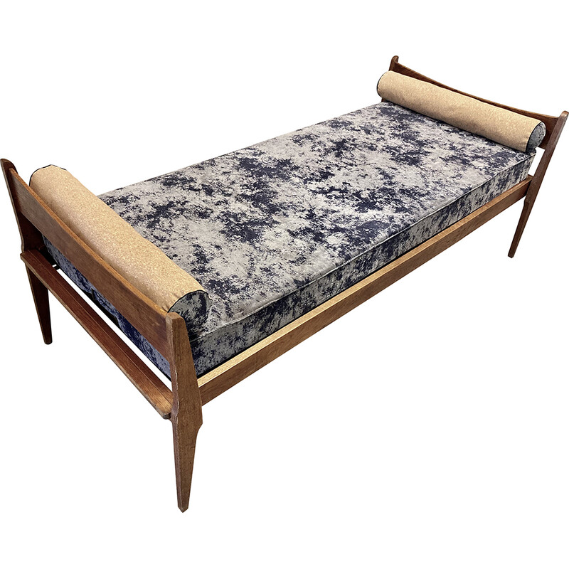 Sofá cama vintage de roble, terciopelo y corcho, 1950
