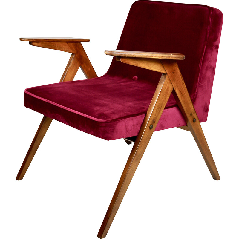 Vintage burgundy Bunny armchair by Józef Chierowski, 1970s