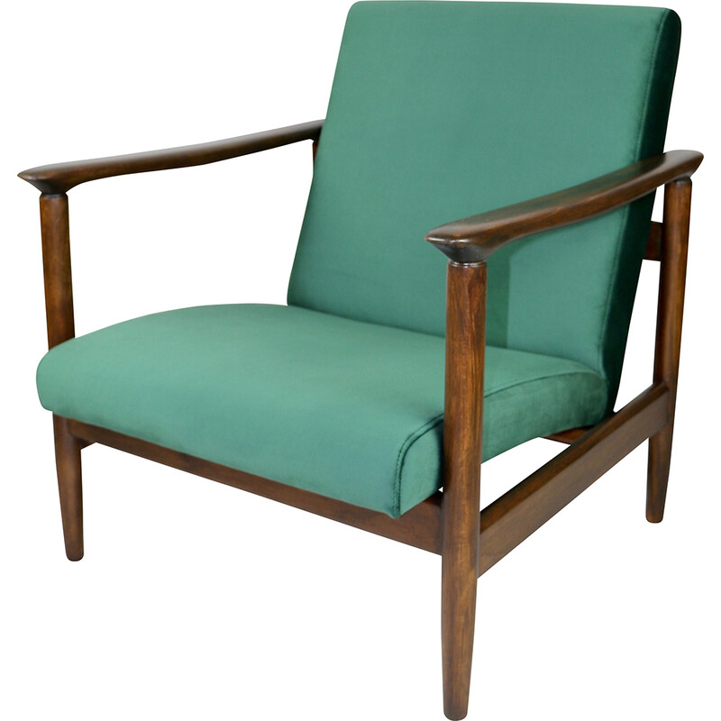 Vintage Gfm-142 fauteuil in gelakt hout en groen fluweel van Edmund Homa, jaren 1970