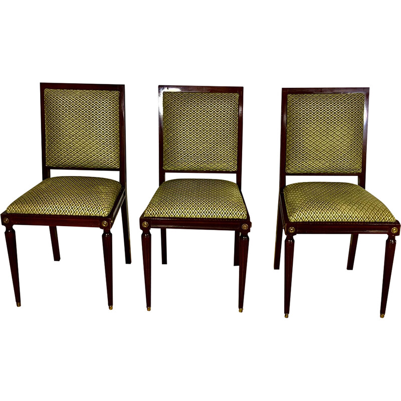 Set of 3 vintage mahogany and green velvet chairs, 1960s