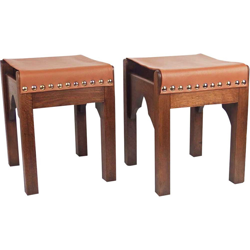 Pair of vintage Art Deco stools in solid oakwood, France 1930