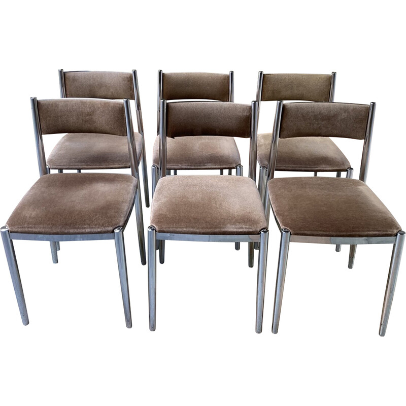 Conjunto de 6 sillas vintage Nova Lux de terciopelo y metal cromado, 1970