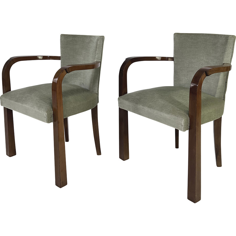 Paar vintage Art Deco fauteuils in hout en mohair fluweel, 1930-1940