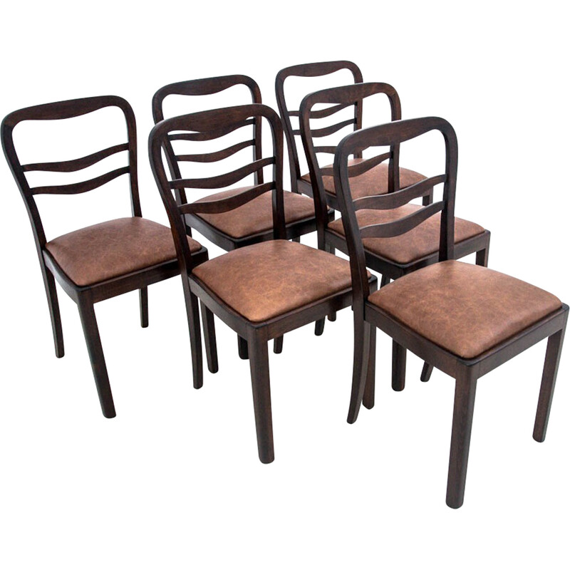 Set of 6 vintage Art Deco leather chairs, Poland 1950s