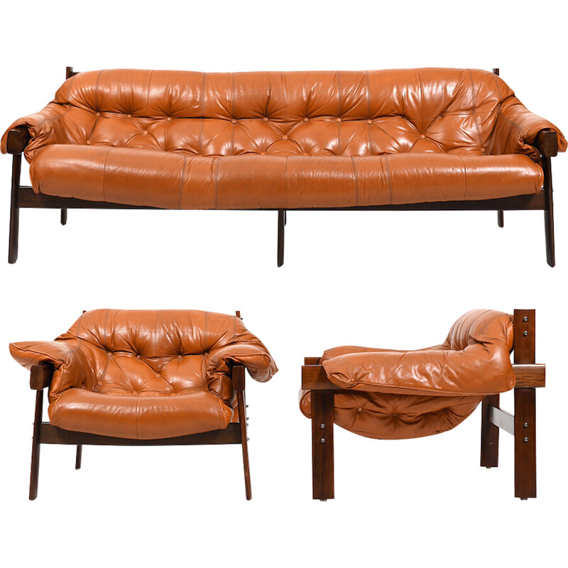 Vintage Mp41 cherry and cognac leather living room set by Percival Lafer for Mp Lafer, 1970