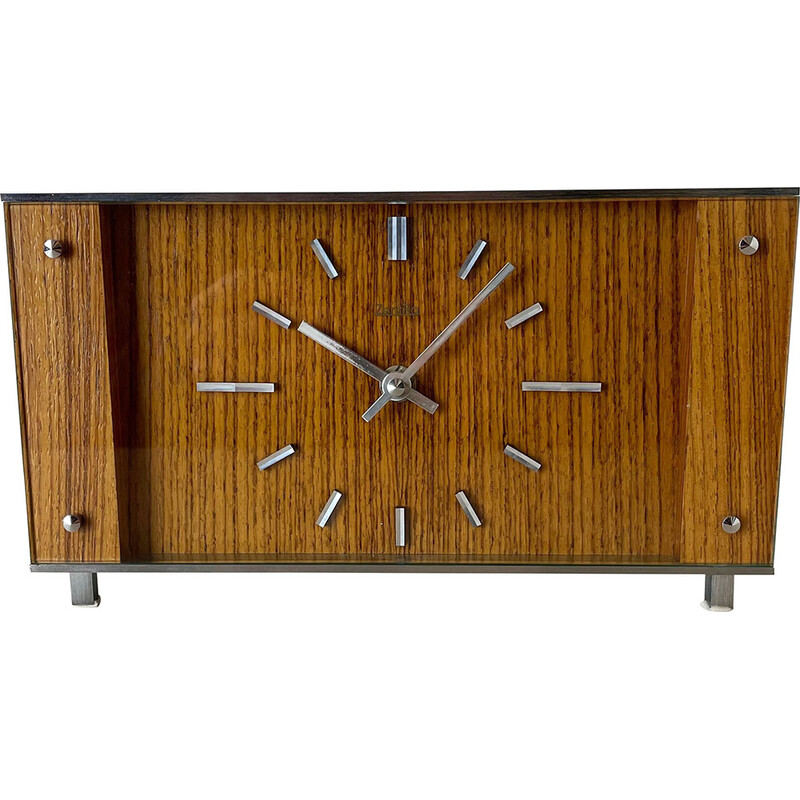 Vintage wooden teak and metal table clock by Zentra, Germany 1970s