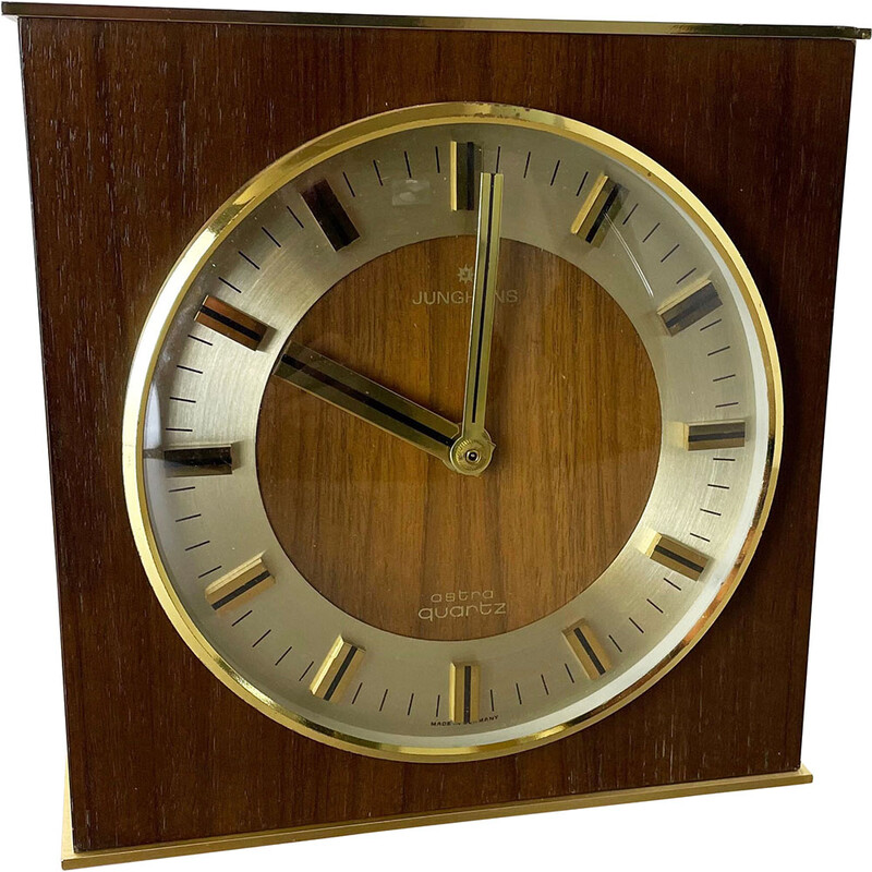 Vintage Hollywood Regency brass and wooden table clock by Junghans Astra Quartz, Germany 1970s