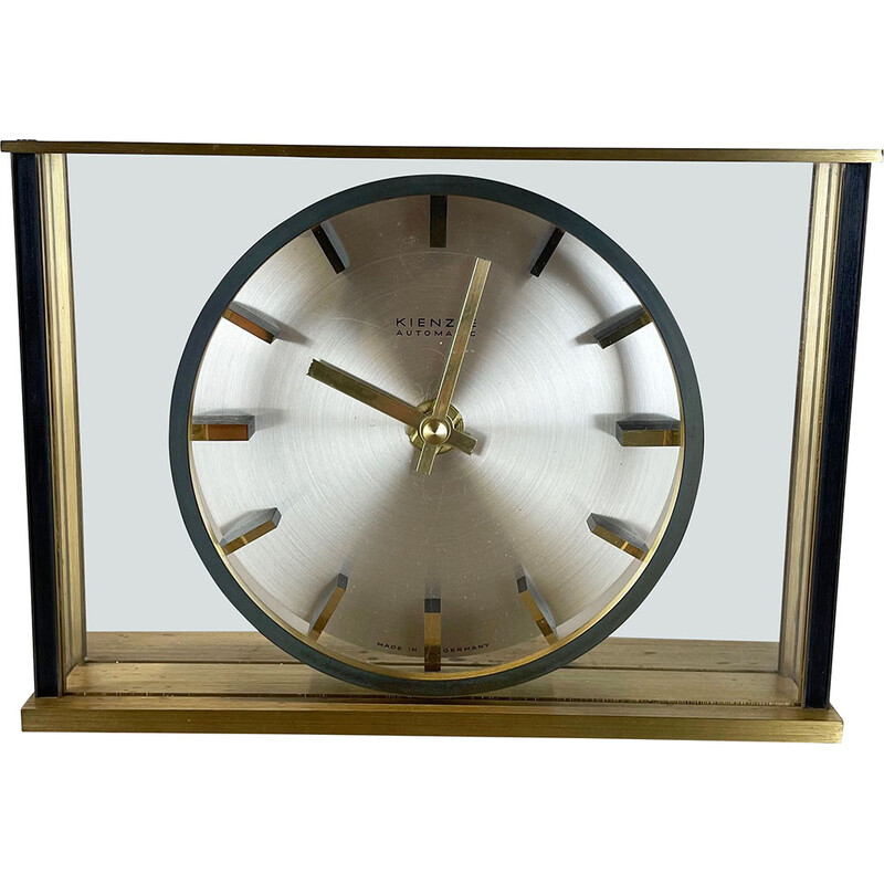 Vintage Hollywood Regency brass and glass table clock by Kienzle, Germany 1970s