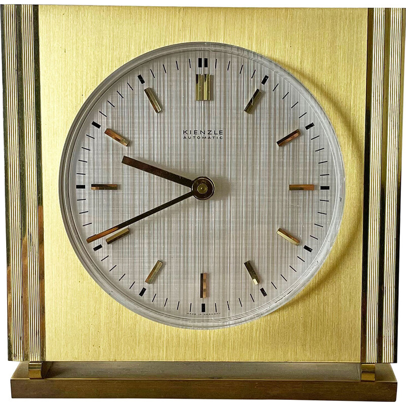 Vintage Hollywood Regency brass and glass table clock by Kienzle, Germany 1960s