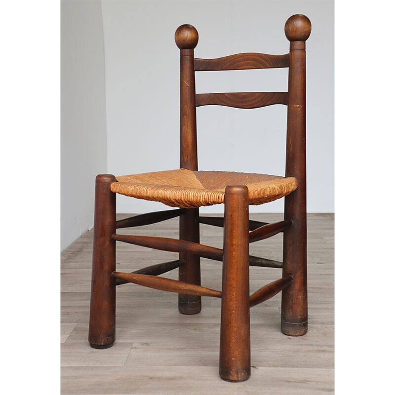 Vintage Brutalist chair in solid oakwood and woven straw, 1950