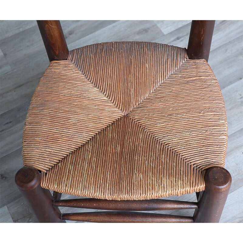 Silla Brutalista Vintage de roble macizo y paja tejida, 1950