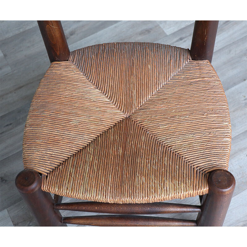 Vintage Brutalist chair in solid oakwood and woven straw, 1950