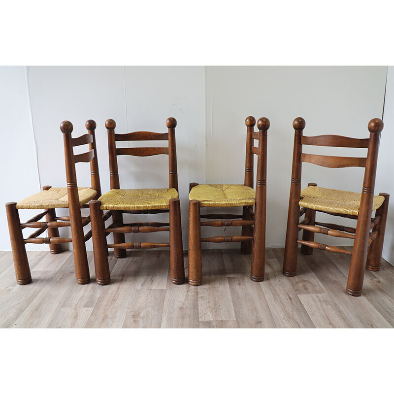 Set of 4 vintage Brutalist chairs in solid oakwood and woven straw, 1950