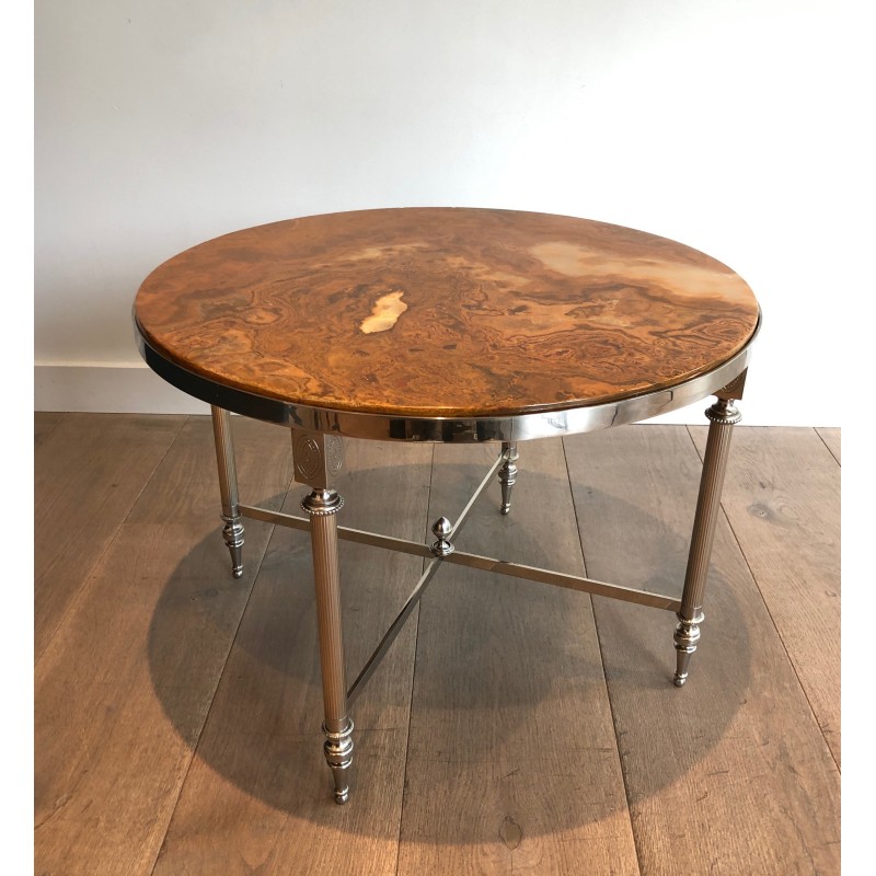 Round vintage coffee table in silver plated metal and onyx, 1940