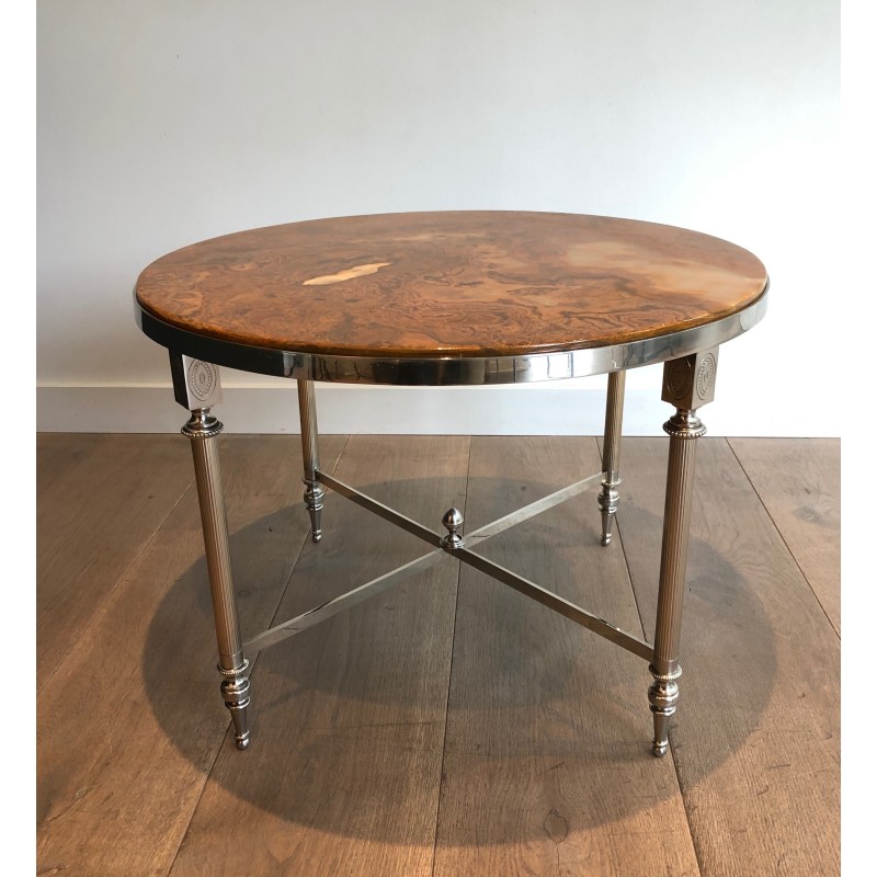 Round vintage coffee table in silver plated metal and onyx, 1940