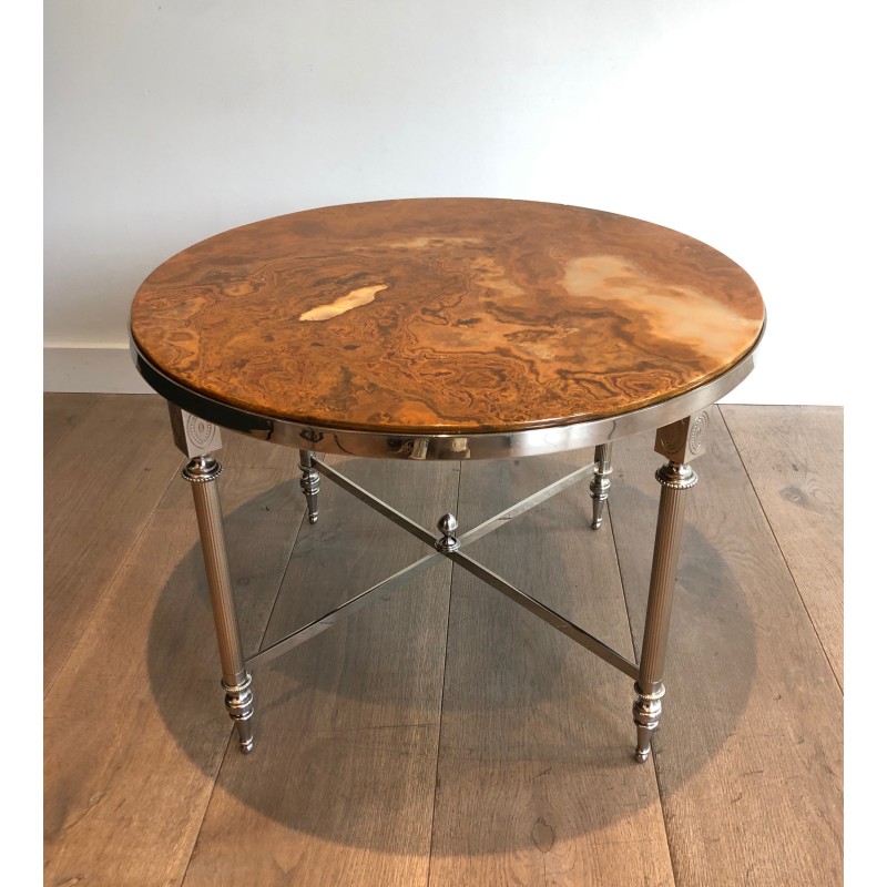 Round vintage coffee table in silver plated metal and onyx, 1940