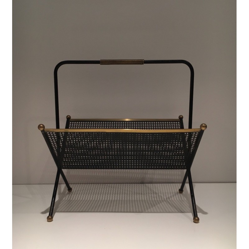 Vintage magazine rack in black lacquered metal and brass, France 1950