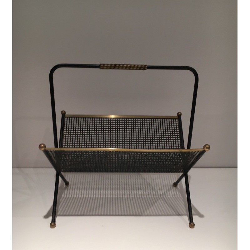 Vintage magazine rack in black lacquered metal and brass, France 1950