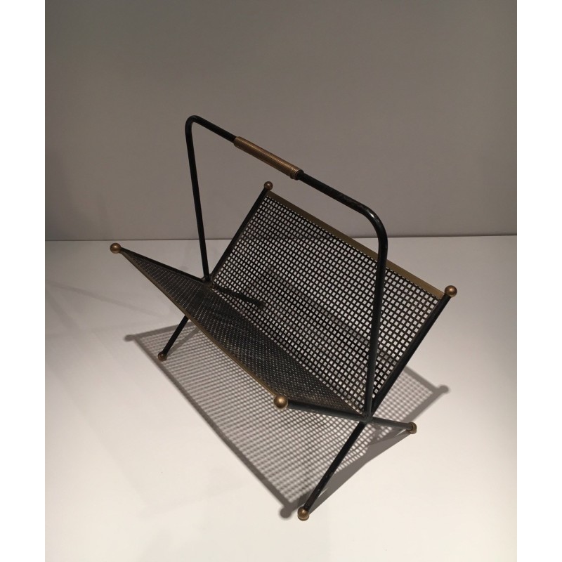 Vintage magazine rack in black lacquered metal and brass, France 1950