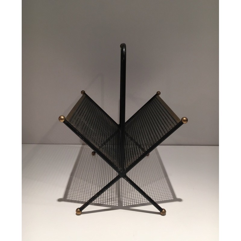 Vintage magazine rack in black lacquered metal and brass, France 1950