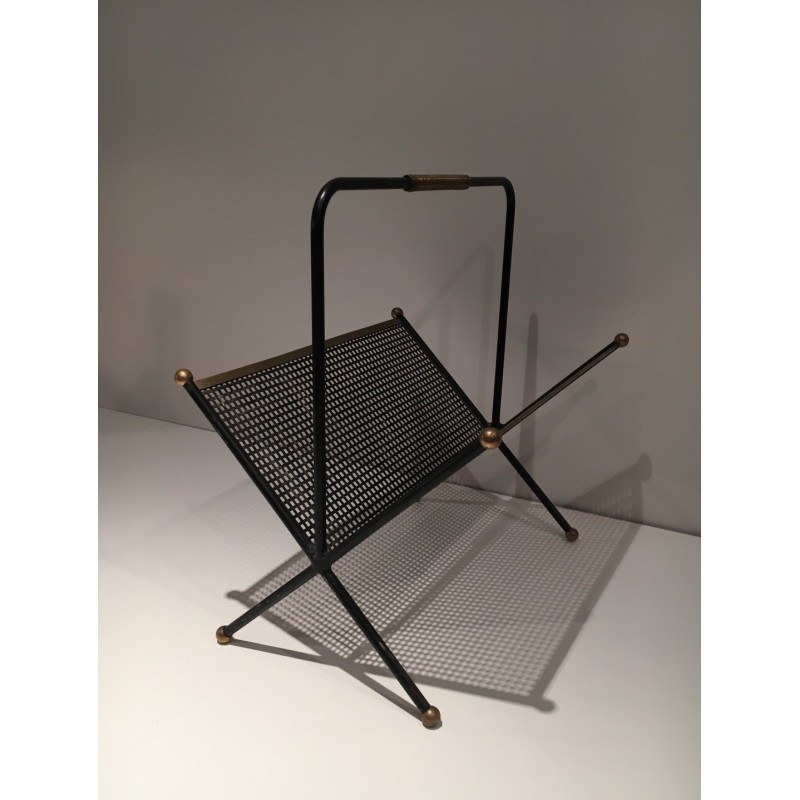 Vintage magazine rack in black lacquered metal and brass, France 1950