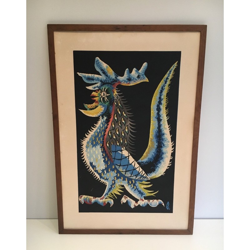 Vintage print representing a rooster by Jean Lurçat, France 1970s