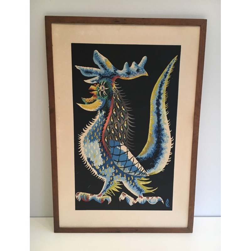 Vintage print representing a rooster by Jean Lurçat, France 1970s