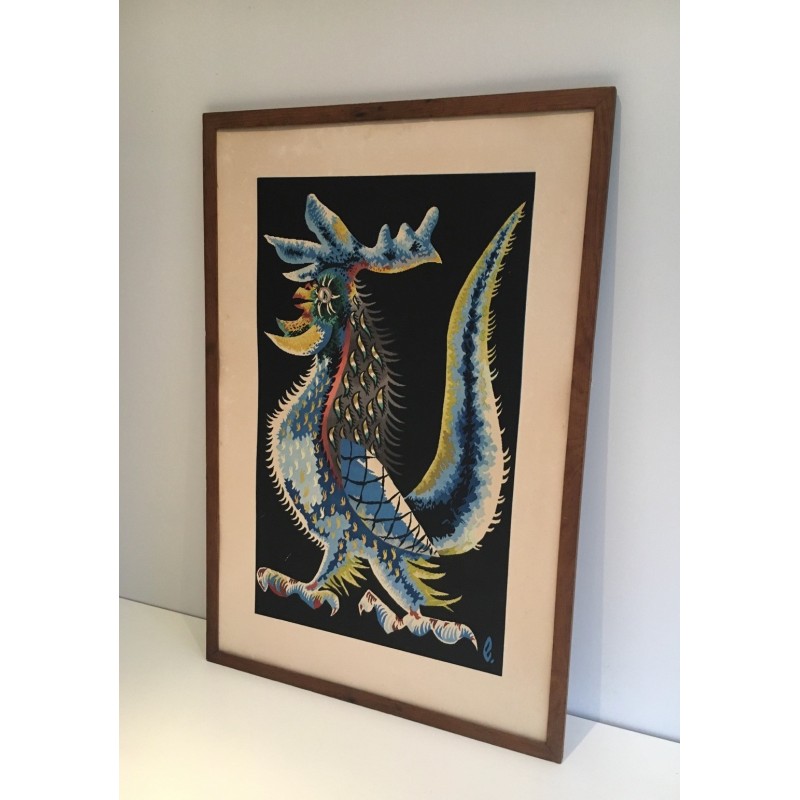 Vintage print representing a rooster by Jean Lurçat, France 1970s