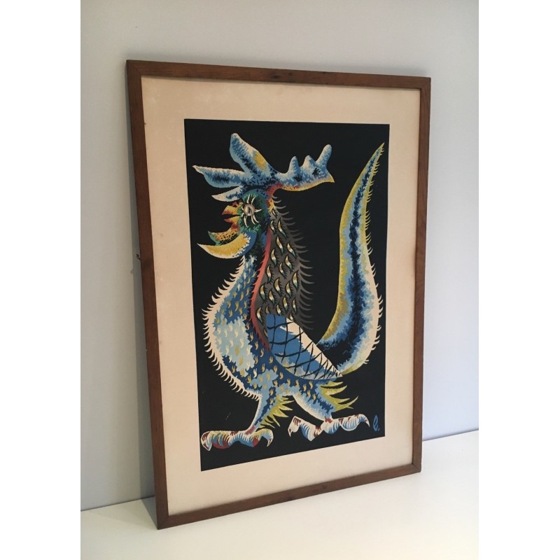 Vintage print representing a rooster by Jean Lurçat, France 1970s