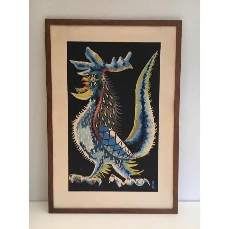 Vintage print representing a rooster by Jean Lurçat, France 1970s