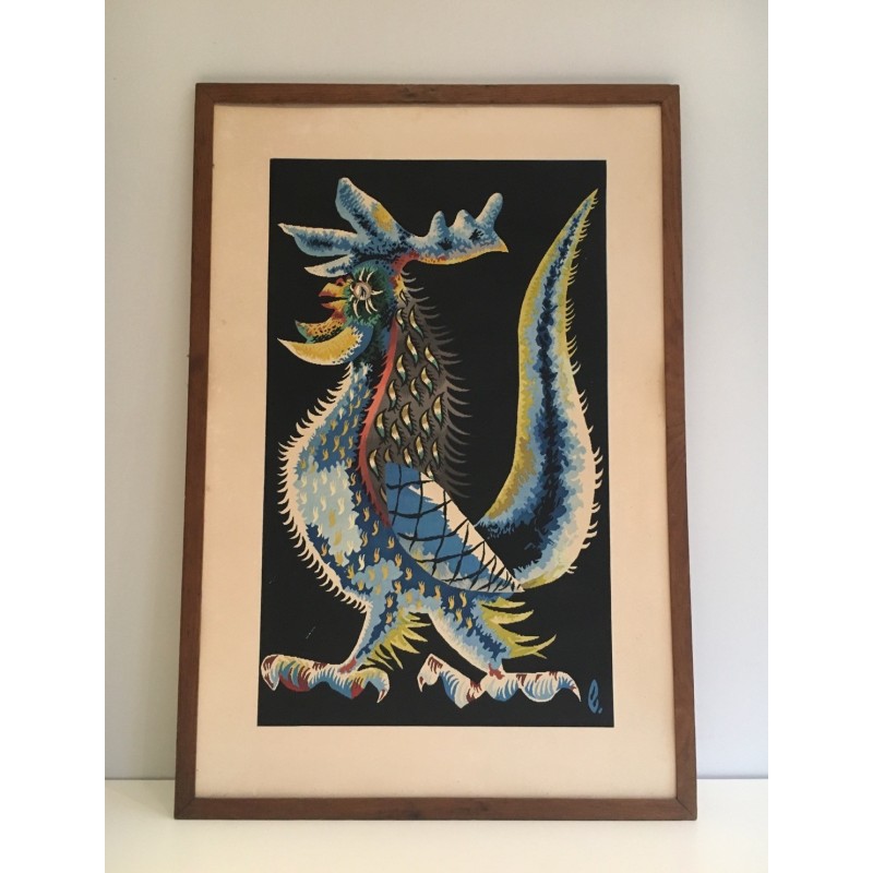 Vintage print representing a rooster by Jean Lurçat, France 1970s